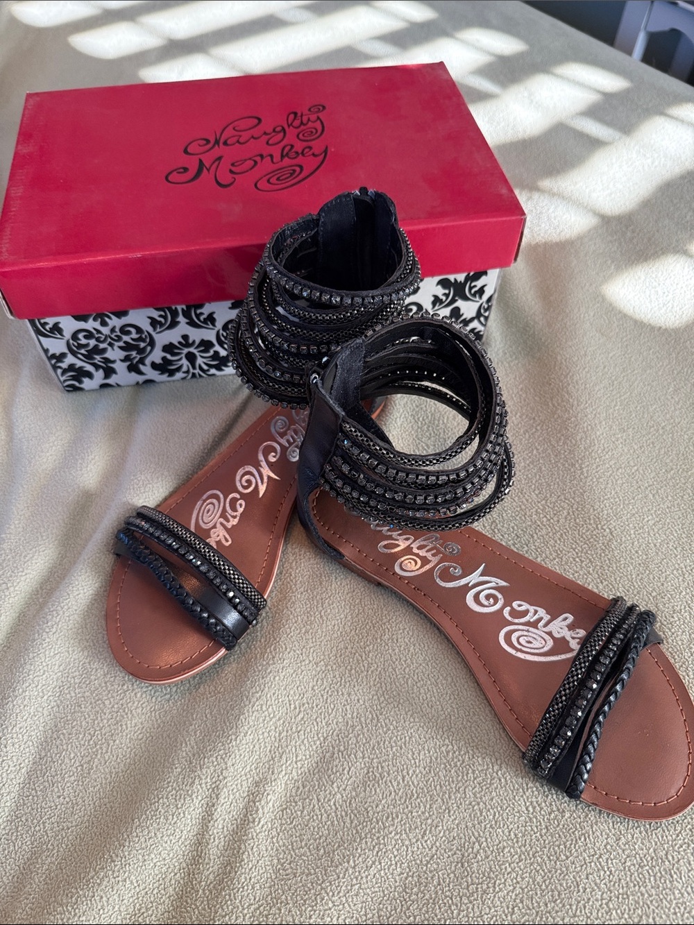 naughty monkey Black Beaded Ankle-Wrap Sandals